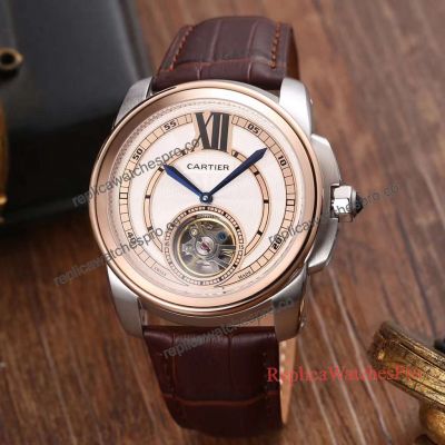Faux Cartier Mens Tourbillon Watch - Brown Leather Strap Buy Online 